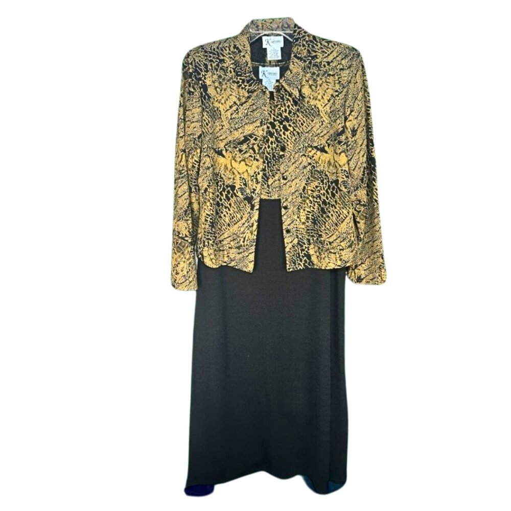 Vintage K Studio Animal Print Black + Gold Maxi Dress & Jacket Set — Size 12